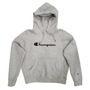 Champion Reverse Weave Hoodie Chenille Spellout Logo Streetwear Gray Mens L